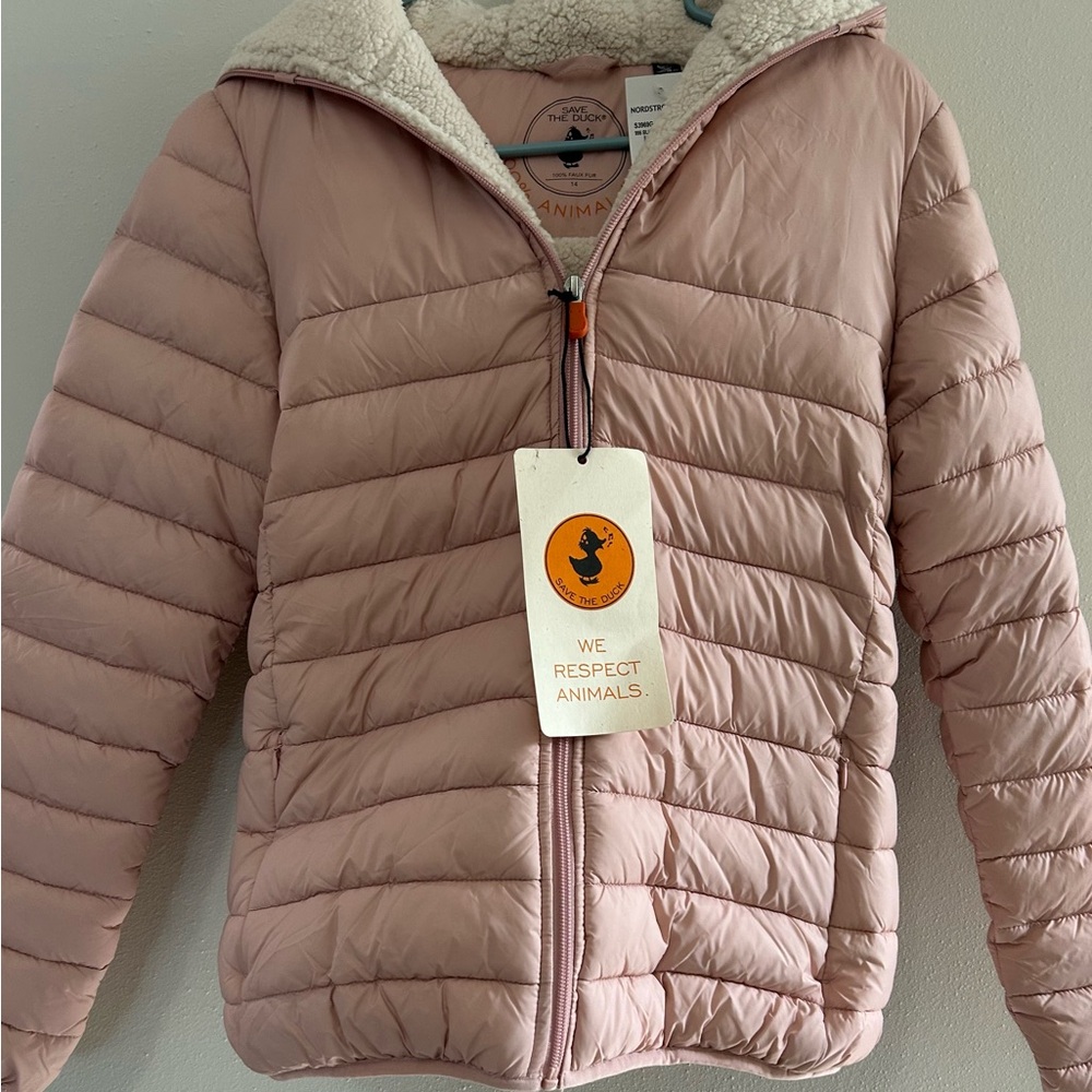SAVE THE DUCK Kids Pink Puffer Jacket with Sherpa Lining